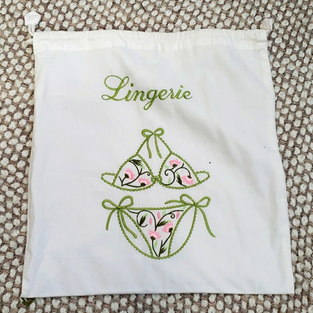 Lily Juliet New York Lingerie Bag Pink And Green Embroidered Drawstring